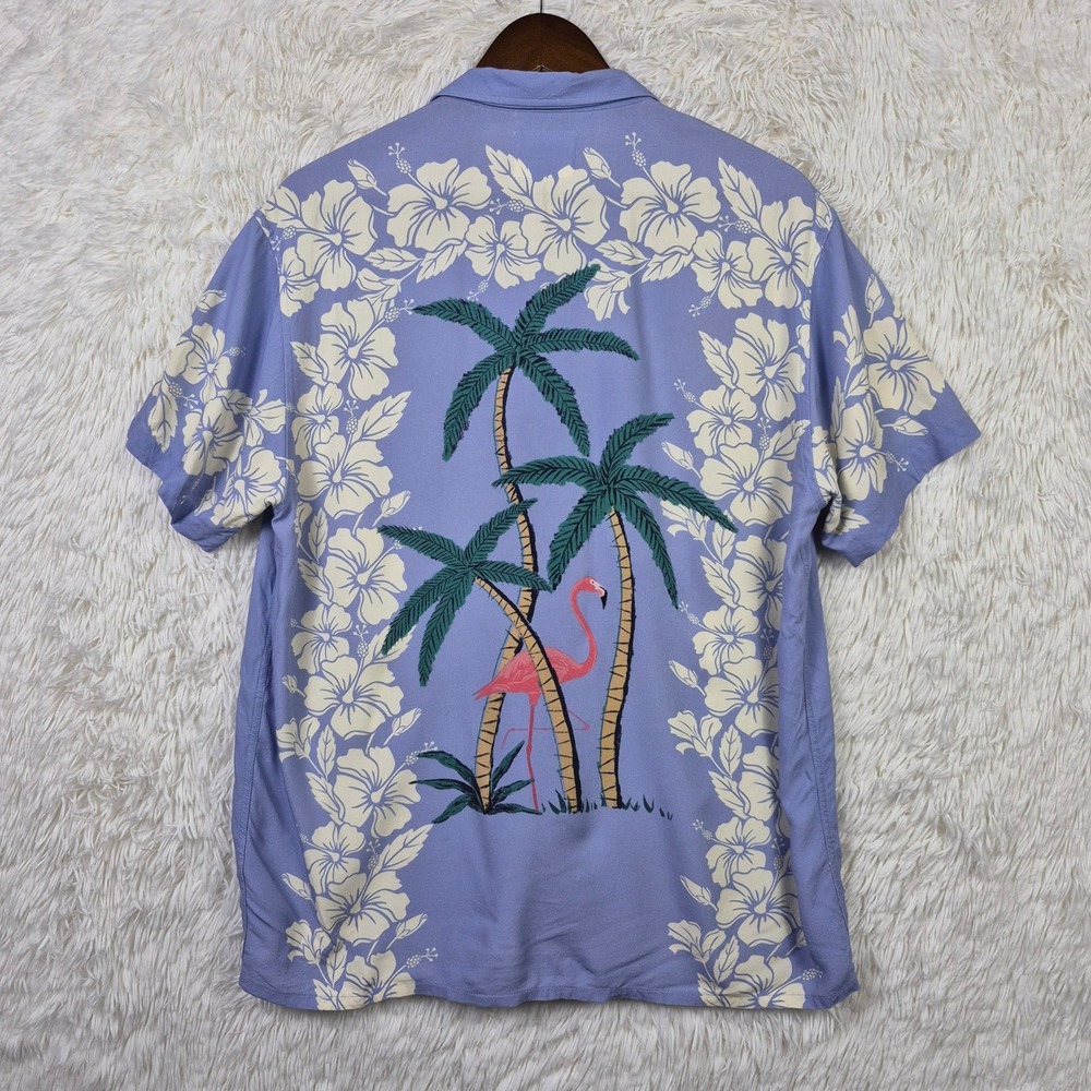 Duvin Design Co Mens Medium Blue Rayon Flamingo Palm Tree Hibiscus Camp Shirt